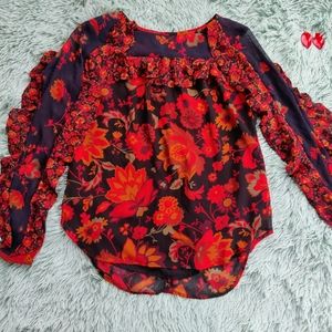 LOFT- Red Floral Long Flutter Sleeve Blouse- Size: XXSP